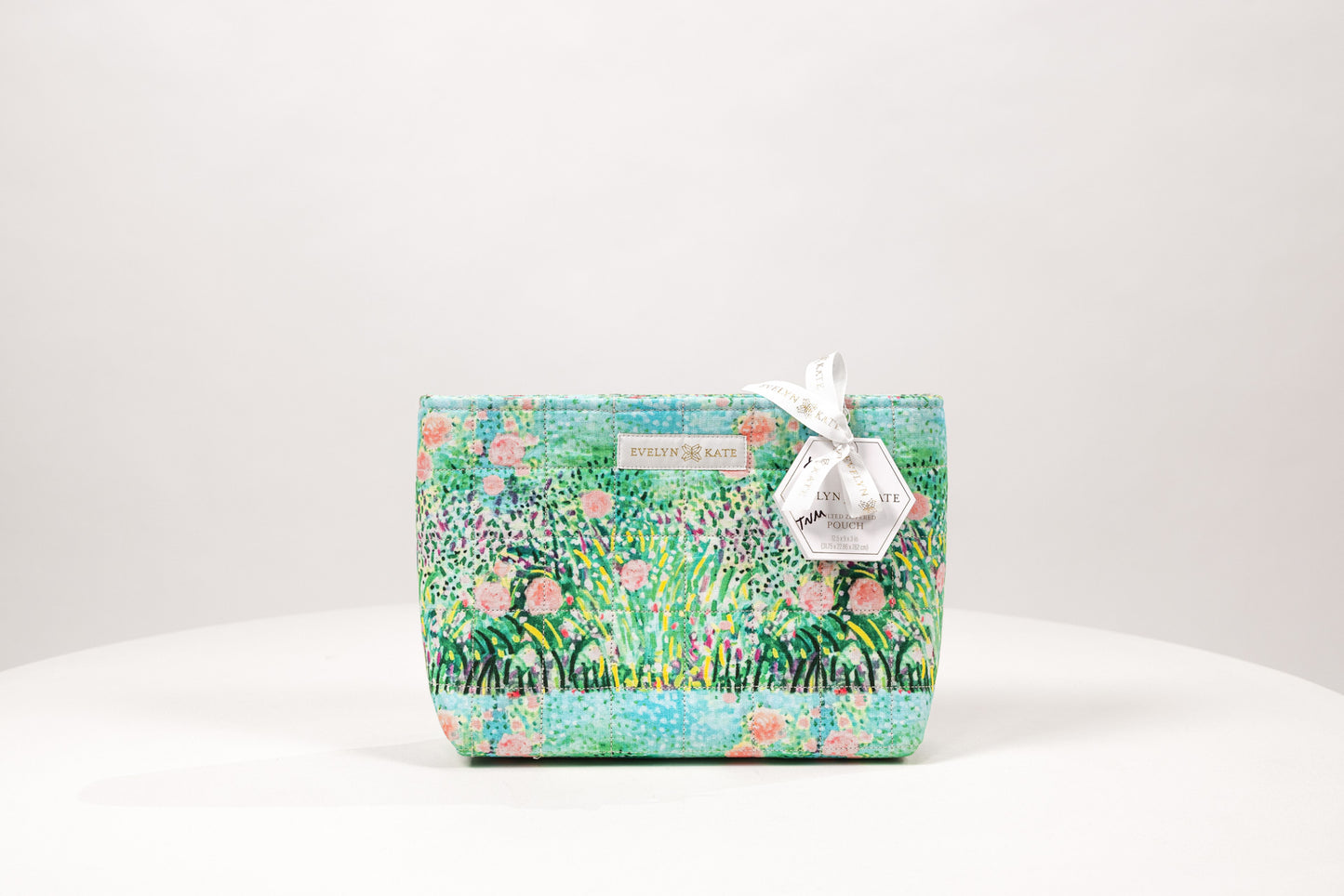 Pink Roses on Green Quilted Zipper Pouch