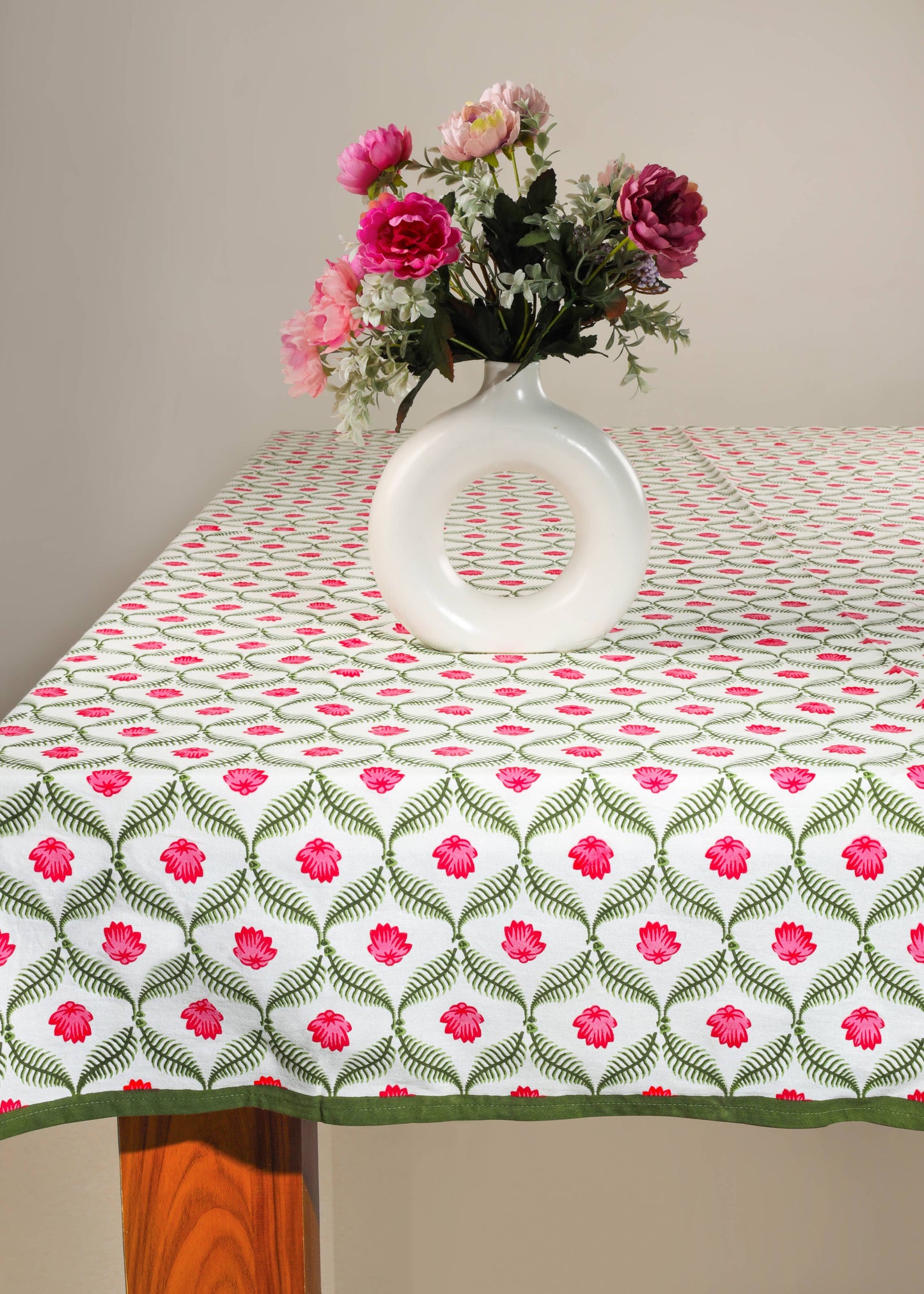 Lotus Garden Block Print Cotton Tablecloth