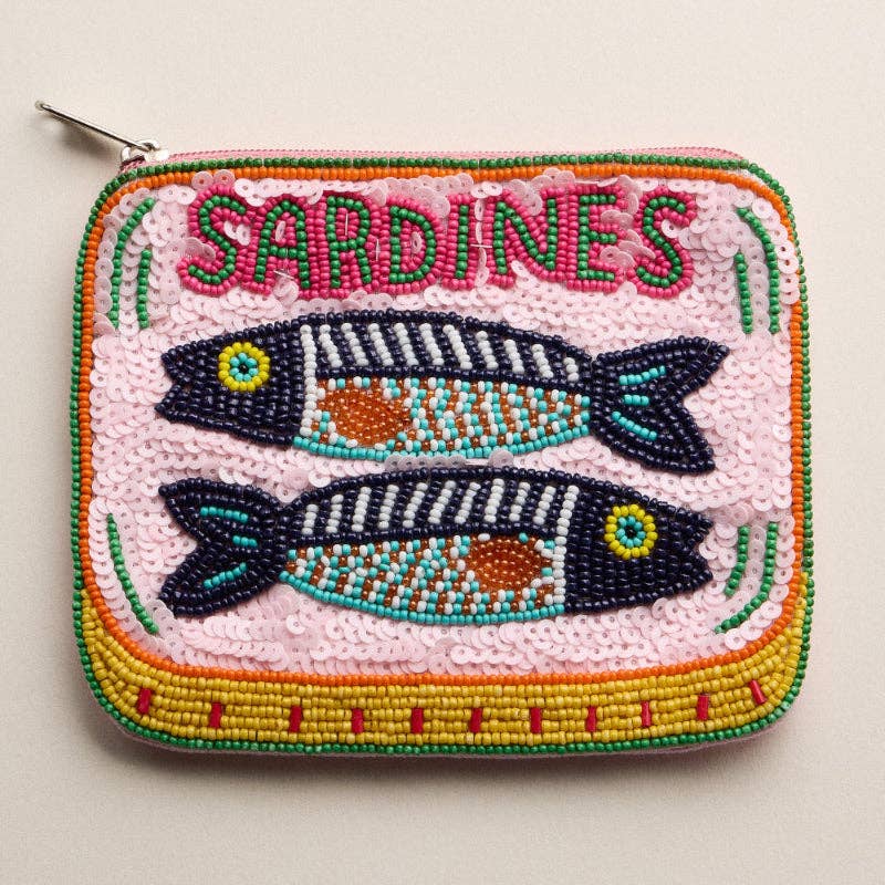 Beaded Sardine Tin Clutch – Pink Hand-Embroidered Sequin Zip Pouch: MT / ONE