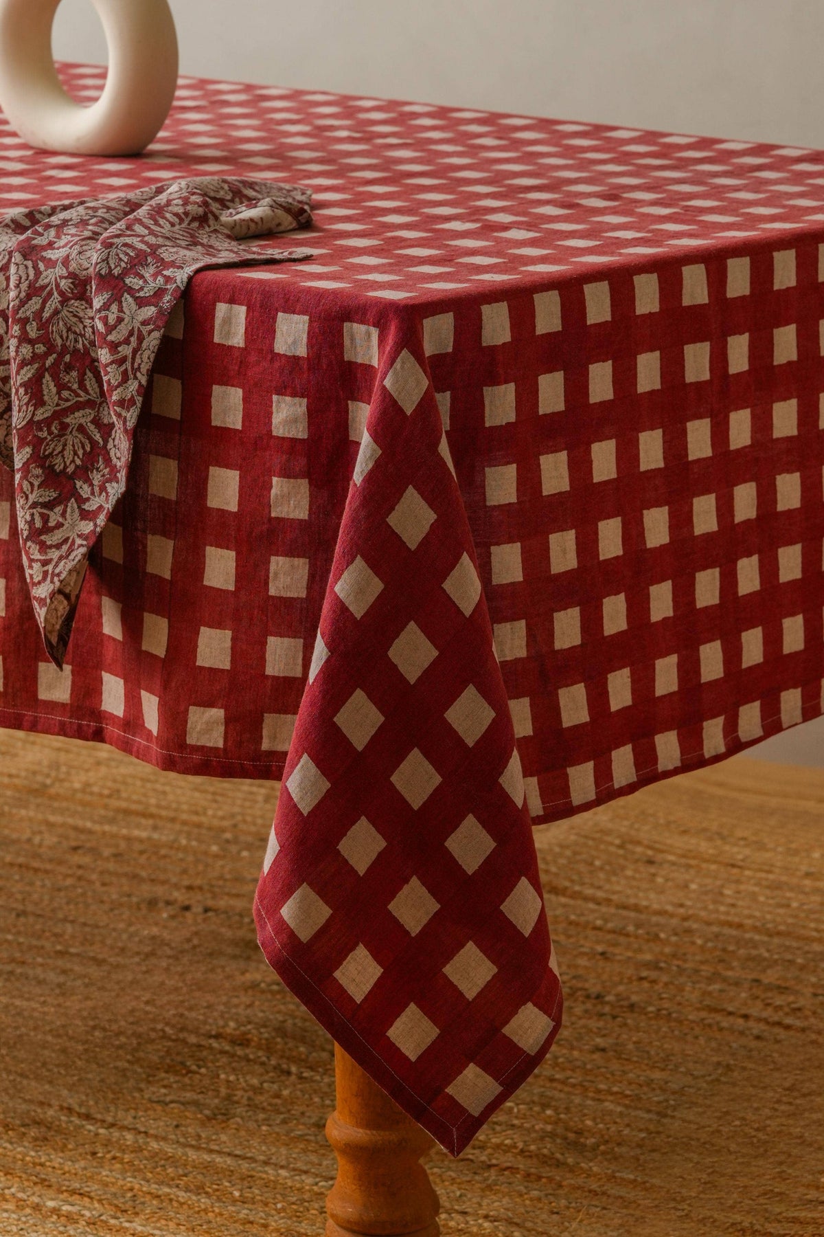 Block Print Linen Olea Tablecloth – Patio Dining: Olea Blue / 71"x55" / 180x140 cm