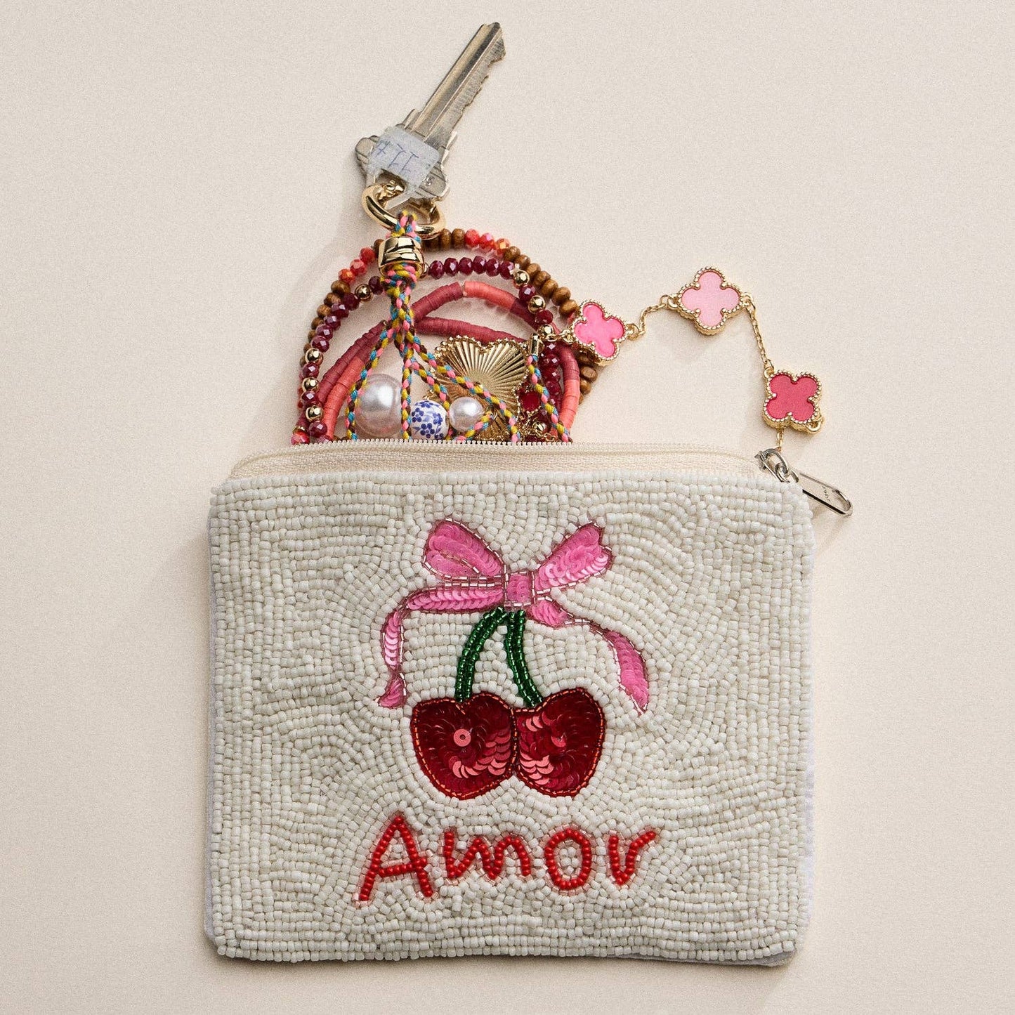 Beaded Amor Cherry Zipper Pouch: MT / ONE