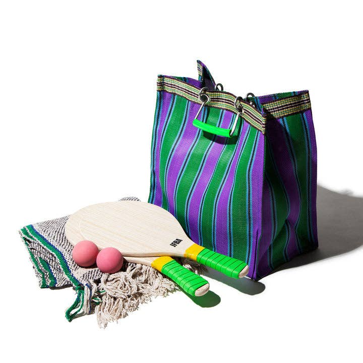 RECYCLED PLASTIC STRIPE BAG - Square: Green x Purple