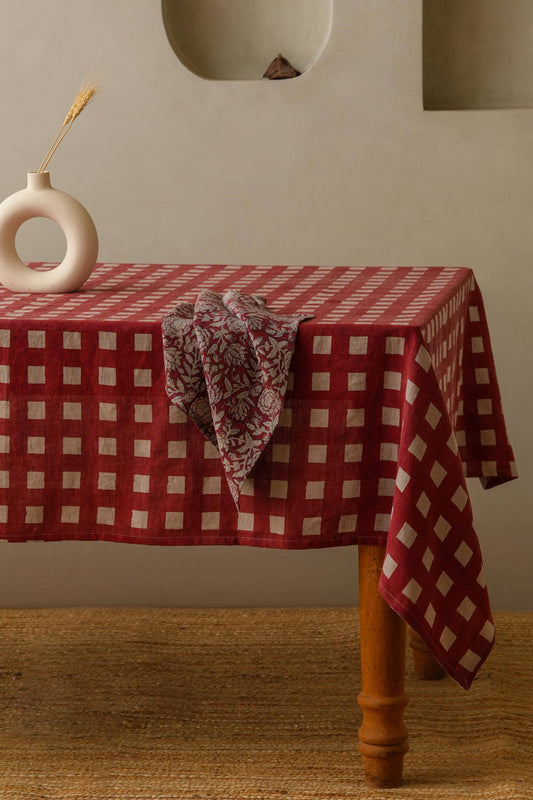 Block Print Linen Olea Tablecloth – Patio Dining: Olea Red / 71"x55" / 180x140 cm