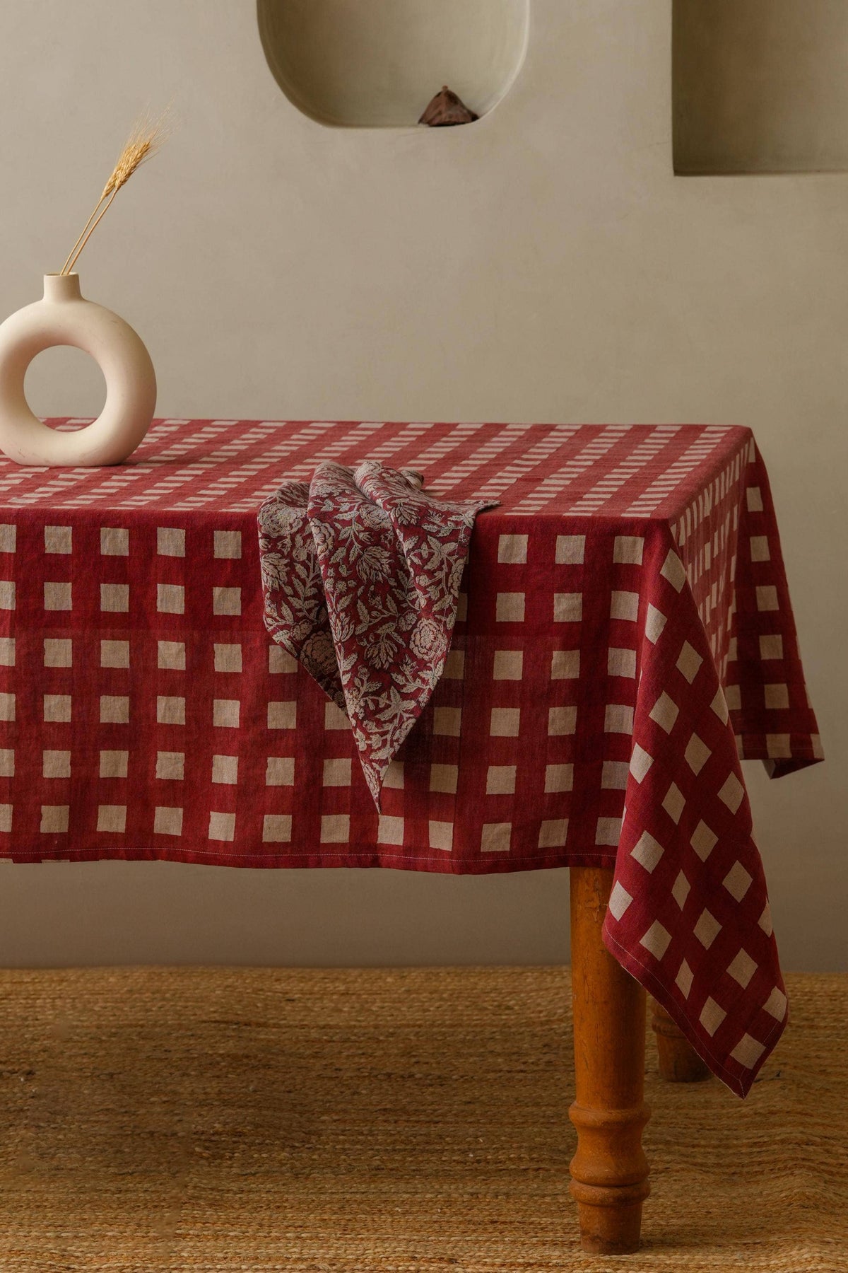 Block Print Linen Olea Tablecloth – Patio Dining: Olea Blue / 71"x55" / 180x140 cm