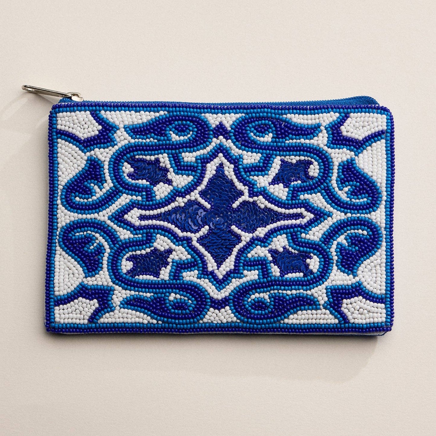 Blue Beaded Mosaic Zipper Pouch: BL / ONE
