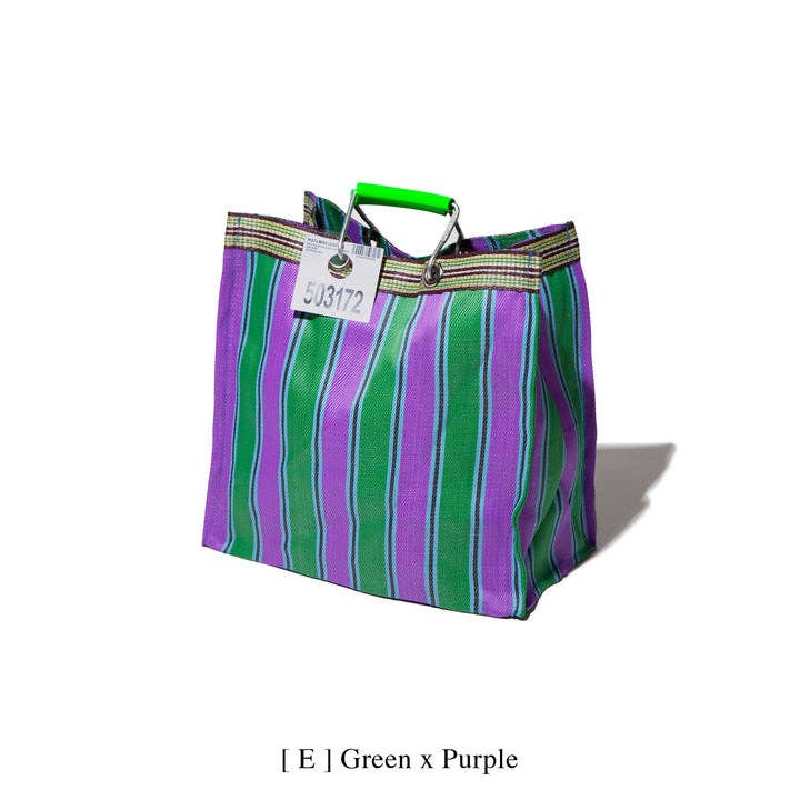 RECYCLED PLASTIC STRIPE BAG - Square: Green x Pink
