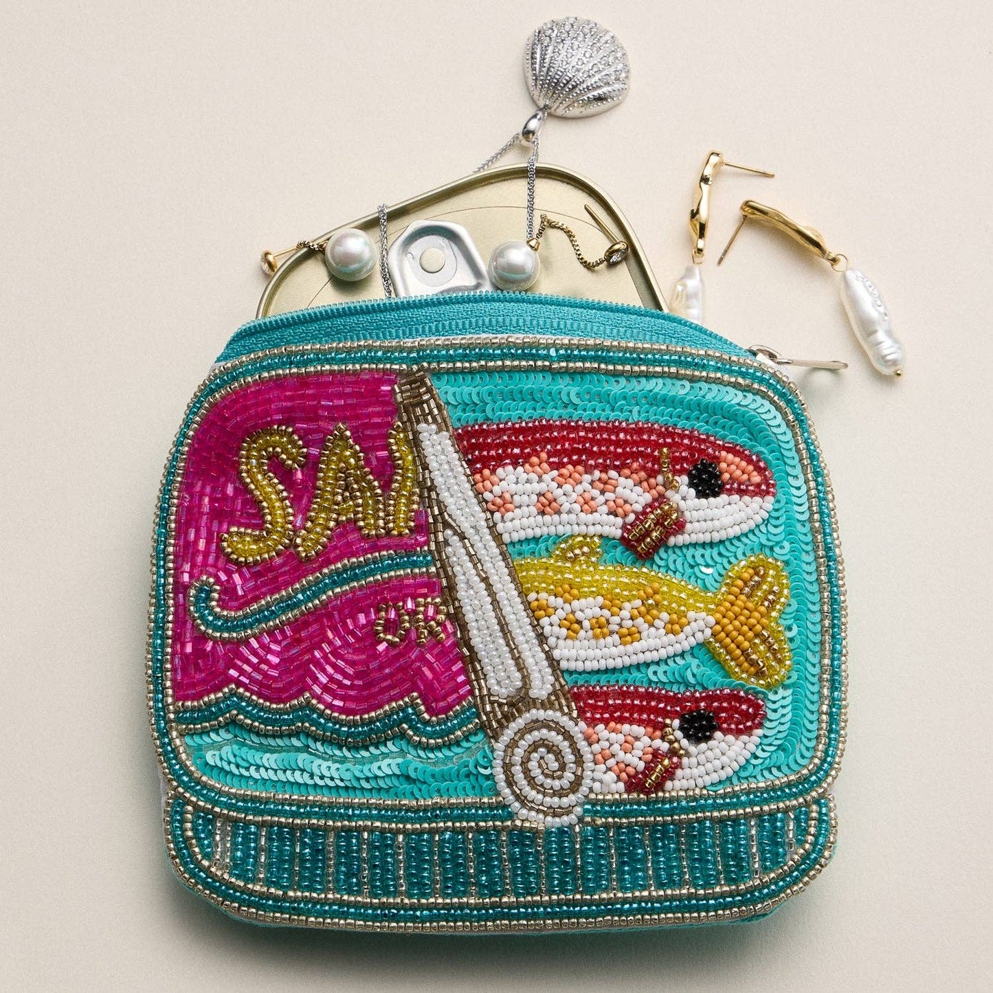 Beaded Sardine Can Clutch – Hand-Embroidered Sequin Zip Pouch: MT / ONE