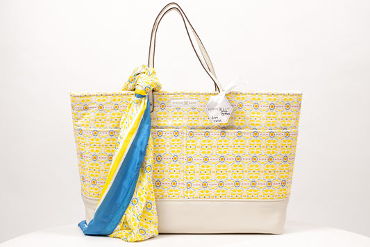 Double Lemon with Marigold Canvas Tote with Leather Base