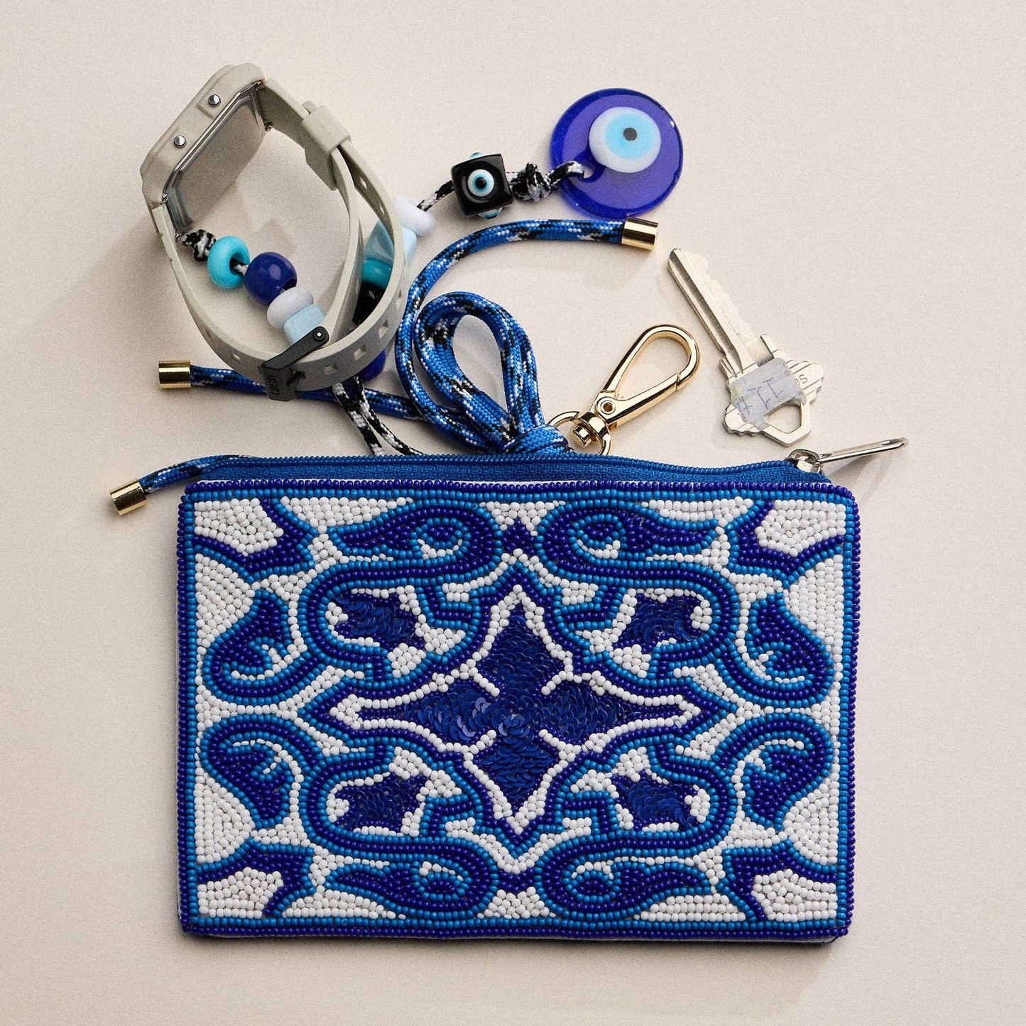 Blue Beaded Mosaic Zipper Pouch: BL / ONE