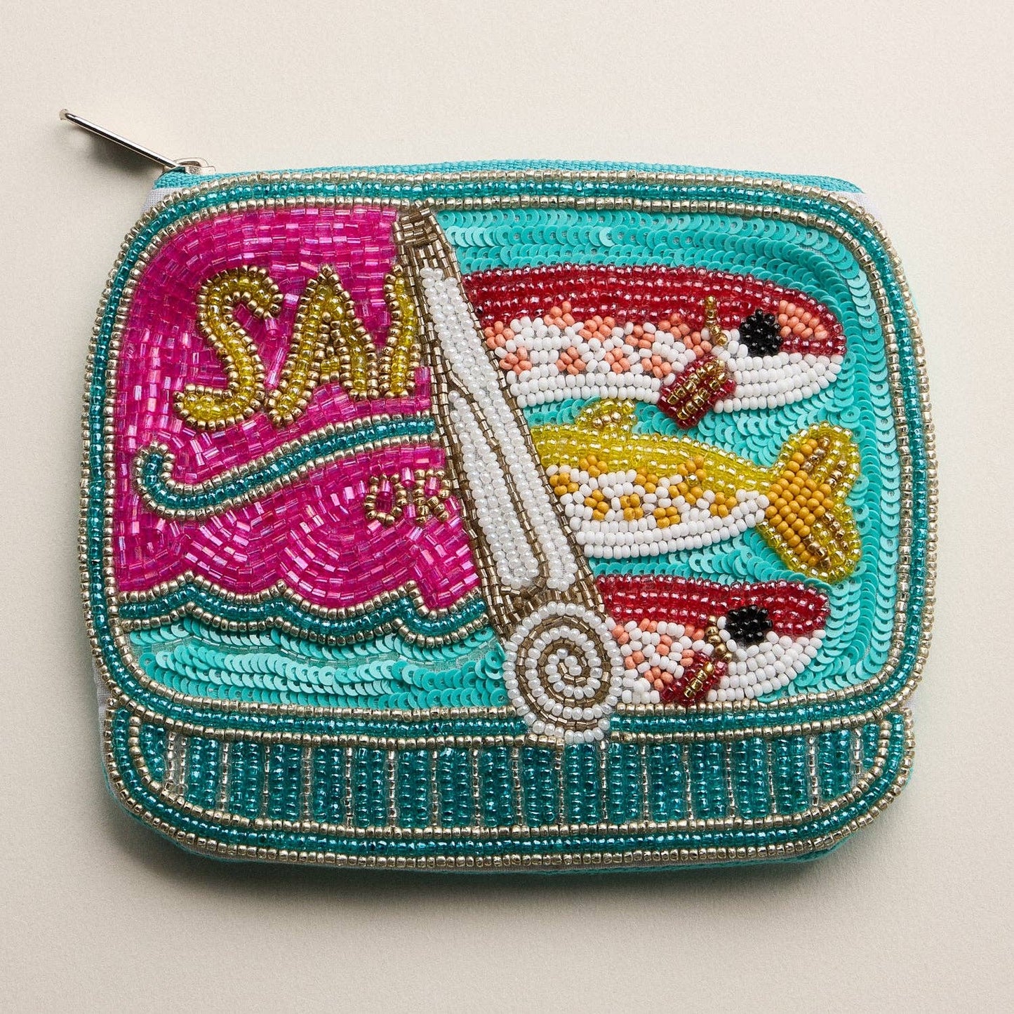 Beaded Sardine Can Clutch – Hand-Embroidered Sequin Zip Pouch: MT / ONE