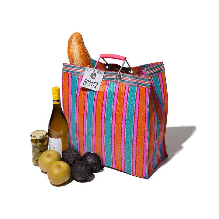 RECYCLED PLASTIC STRIPE BAG - Square: Green x Purple