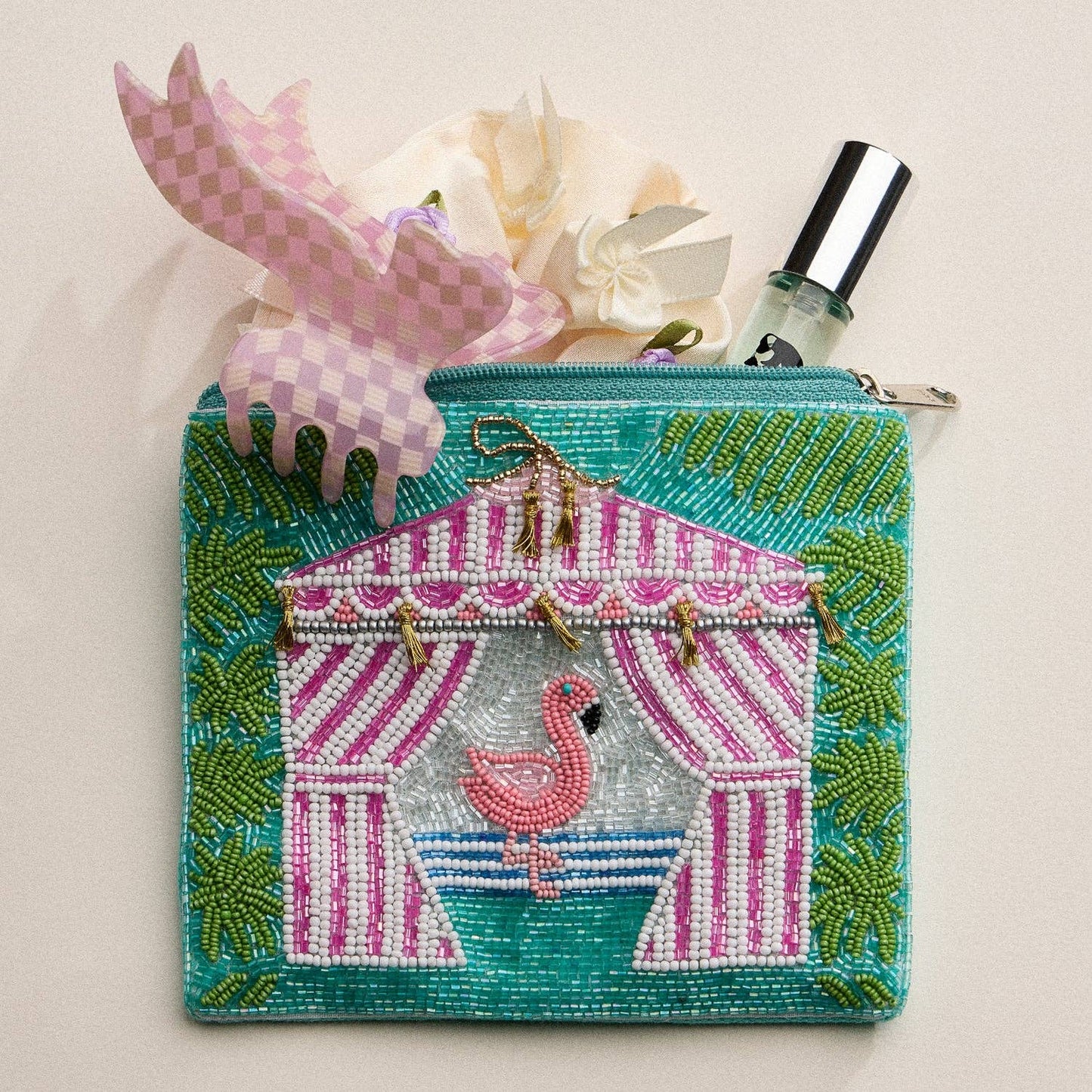 Flamingo Cabana Beaded Summer Pouch: MT / ONE