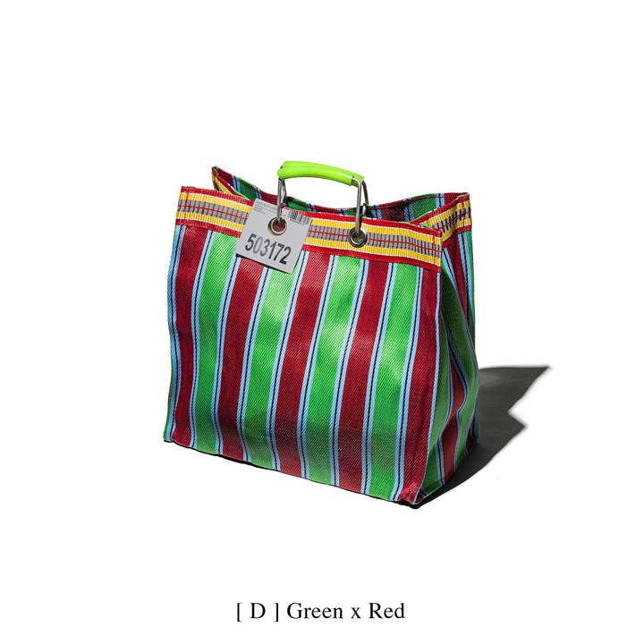 RECYCLED PLASTIC STRIPE BAG - Square: Green x Pink